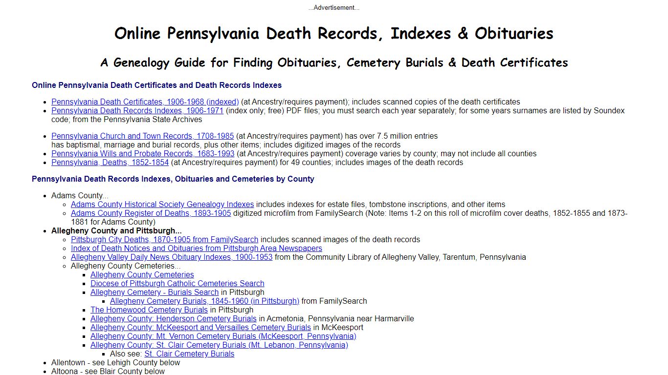 Online Pennsylvania Death Indexes, Records & Obituaries
